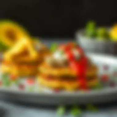 A vibrant serving suggestion for zucchini pancakes topped with various sauces