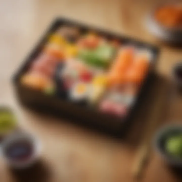 A neatly arranged bento box with assorted sushi and fresh fruit