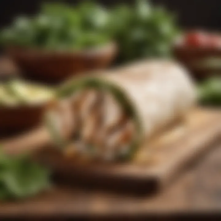 A wrap filled with grilled chicken, fresh greens, and avocado on a wooden table