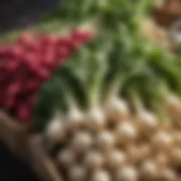 Fresh daikon radishes on a farmer's market stall