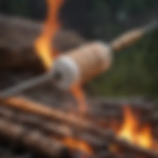 A close-up view of a fishing pole creatively modified for roasting marshmallows over a campfire.