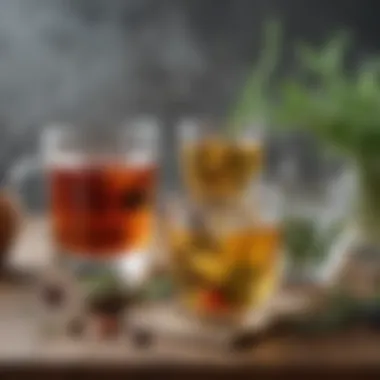 Hydration Strategies with Herbal Teas A glass of clear water next to an assortment of herbal teas emphasizing hydration.