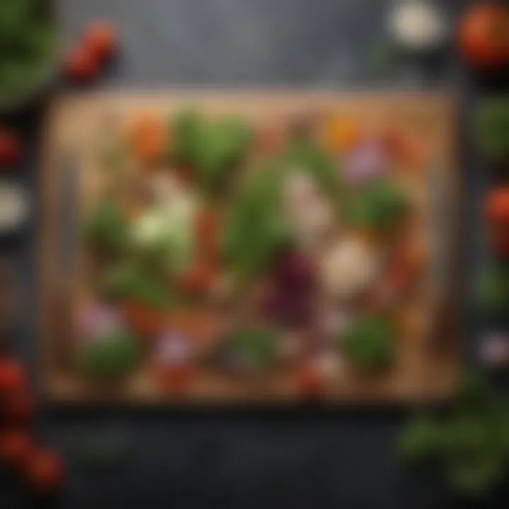 Fresh herbs and vibrant vegetables artistically arranged on a cutting board