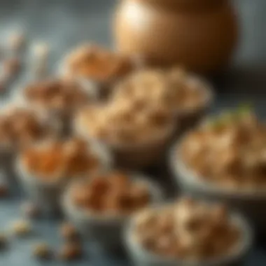 A collection of nuts and seeds in small bowls