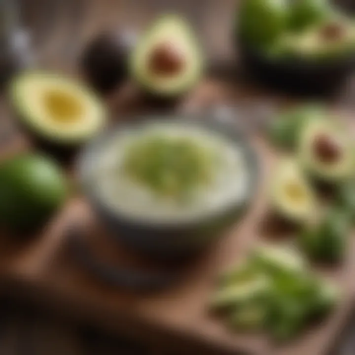 Fresh ingredients including ripe avocados and sour cream arranged on a wooden table