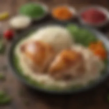 An array of fresh ingredients such as chicken, rice, and green peas artistically arranged.