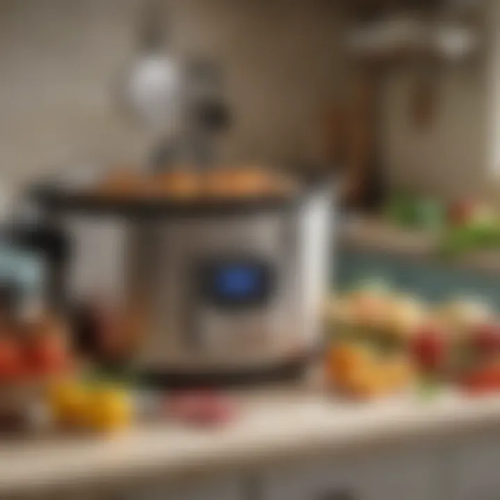 An assortment of fresh ingredients displayed beside a programmable crock pot, emphasizing versatility in meal preparation.