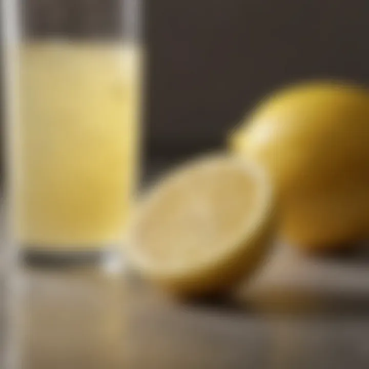 A close-up of a lemon and a bottle of lemon juice