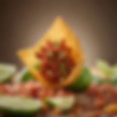 Close-up of a Frito chip dusted with lime and chili seasoning highlighting its texture