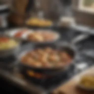 A frying pan in action on a stovetop with delicious food