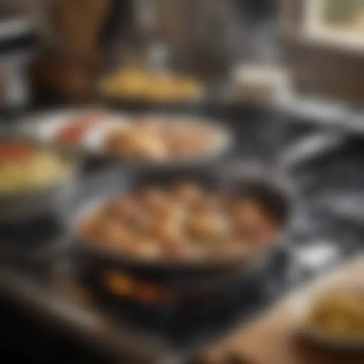 A frying pan in action on a stovetop with delicious food