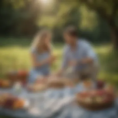 A serene setting with a couple enjoying a romantic picnic.