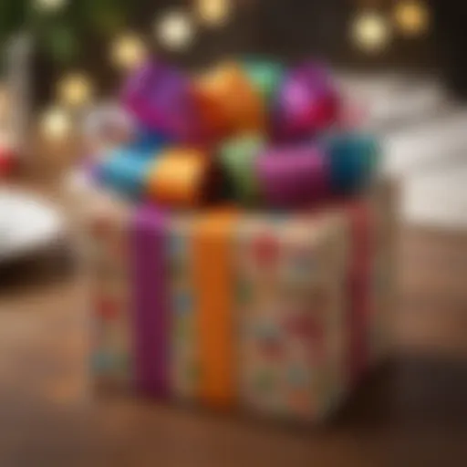 A beautifully wrapped gift with a colorful bow placed on a table.