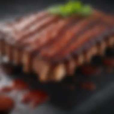 A close-up of a succulent rack of ribs glazed with a rich, glossy BBQ sauce