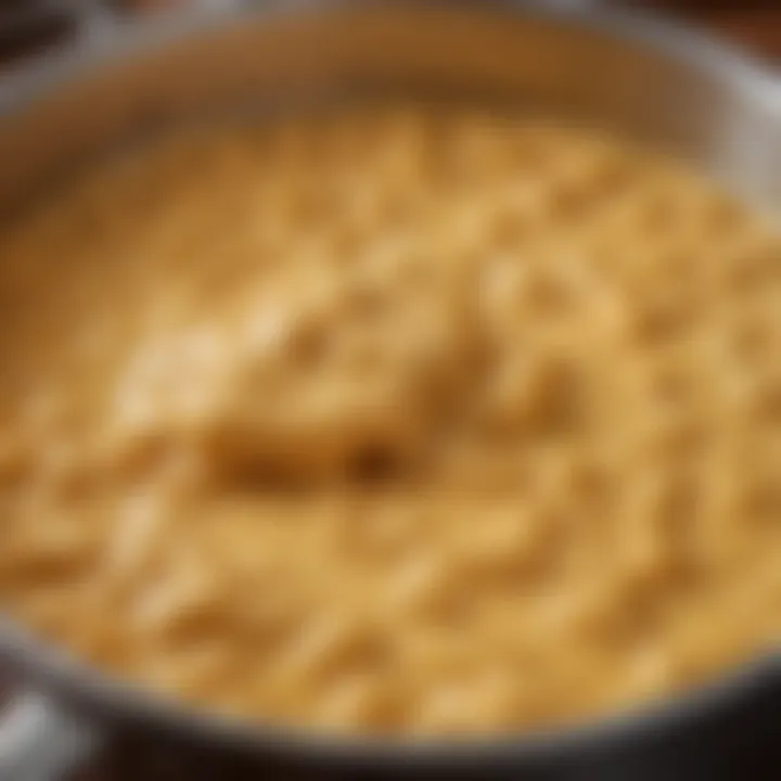 A rich, golden-brown roux bubbling gently in a saucepan, showcasing ideal texture and color.