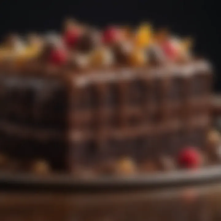 A close-up of a luxurious chocolate cake with intricate decorations.