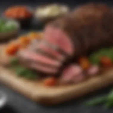 A close-up of bison meat displayed alongside fresh vegetables and spices