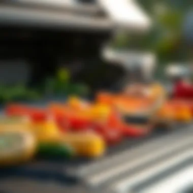 Close-up of a griddle surface with fresh ingredients ready to be grilled