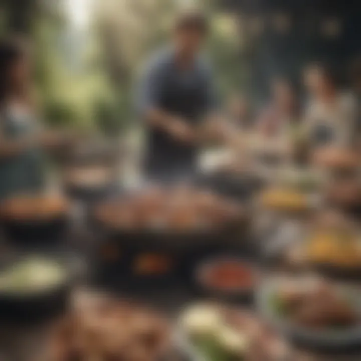 An outdoor setting featuring a group enjoying a meal from grilled pots