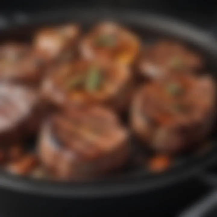 A close-up of a grilled pot showcasing seared meats and spices