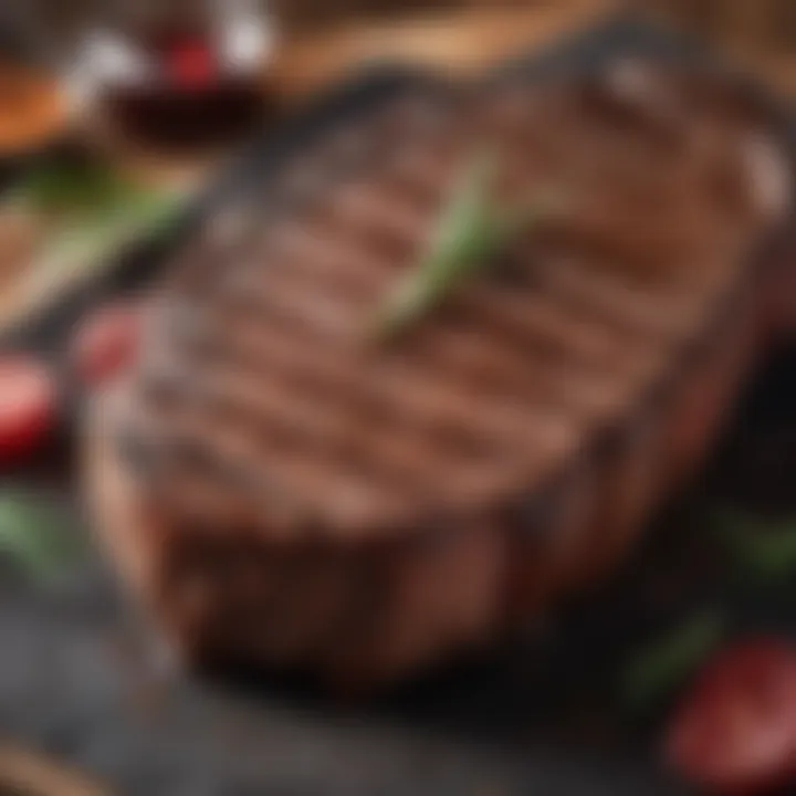 Close-up of a perfectly grilled steak, highlighting its rich texture and color.