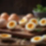 A vibrant display of perfectly cooked hard boiled eggs on a wooden board