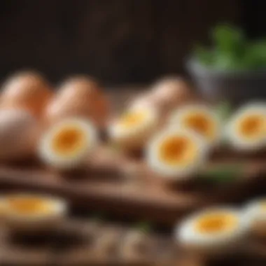 A vibrant display of perfectly cooked hard boiled eggs on a wooden board