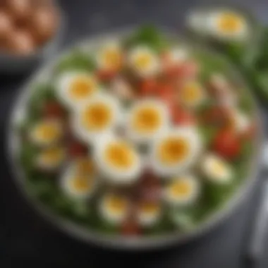 A creative salad featuring slices of hard boiled eggs and fresh vegetables