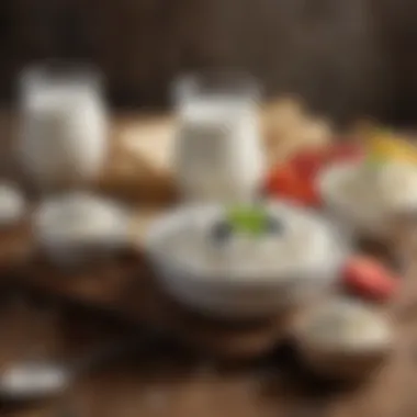 An assortment of dairy products like Greek yogurt and cottage cheese displayed on a rustic wooden table