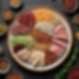 A colorful plate featuring a variety of protein-rich foods including legumes, nuts, and lean meats