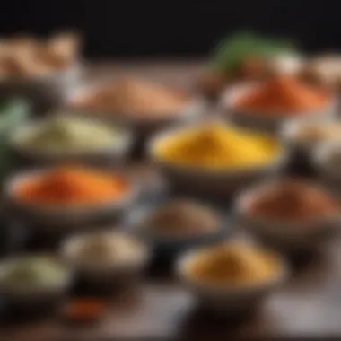 A colorful assortment of seasoning blends in small bowls, ready to enhance chicken dishes.