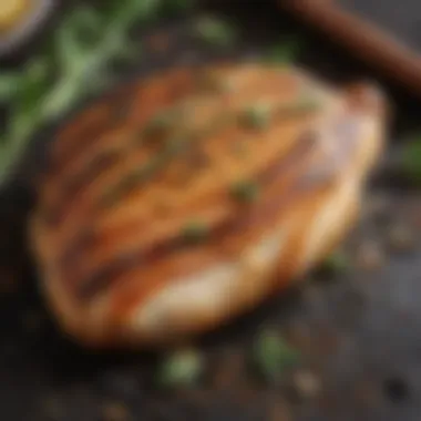 A close-up of a grilled chicken breast seasoned with aromatic herbs and spices.