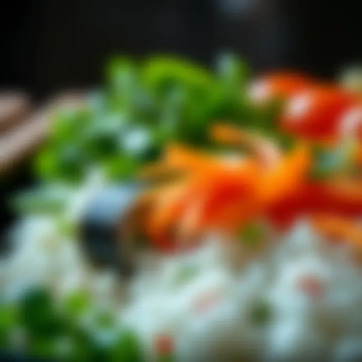 Close-up of fresh vegetables and sushi rice prepared for sushi making