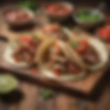 Grilled tuna tacos topped with fresh salsa and cilantro on a rustic wooden table