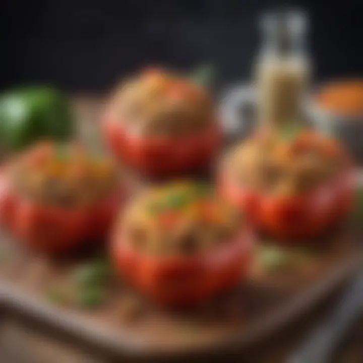 Colorful stuffed bell peppers filled with grains and legumes