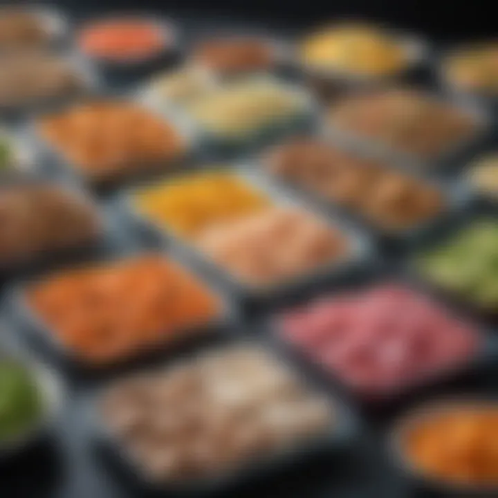 A colorful assortment of high protein, low carb, low fat frozen meals arranged aesthetically on a table.