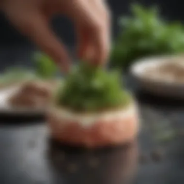 A close-up of a flavorful high-protein recipe being garnished with fresh herbs.