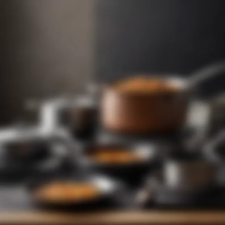 Different types of cookware, showcasing materials like stainless steel, cast iron, and non-stick surfaces.