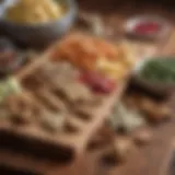 A variety of fresh ingredients for dog snacks displayed on a wooden board.