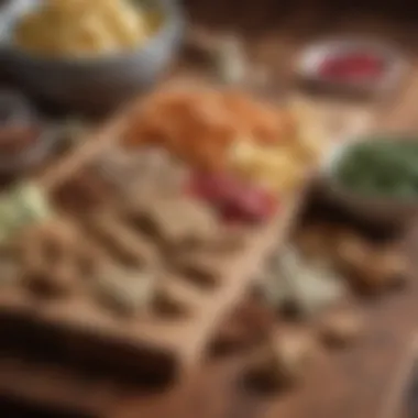 A variety of fresh ingredients for dog snacks displayed on a wooden board.