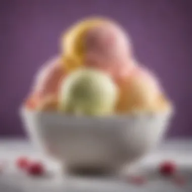 A close-up view of a bowl filled with vibrant homemade ice cream flavors