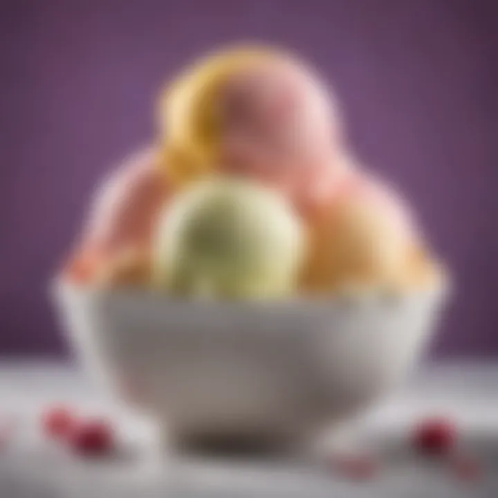 A close-up view of a bowl filled with vibrant homemade ice cream flavors