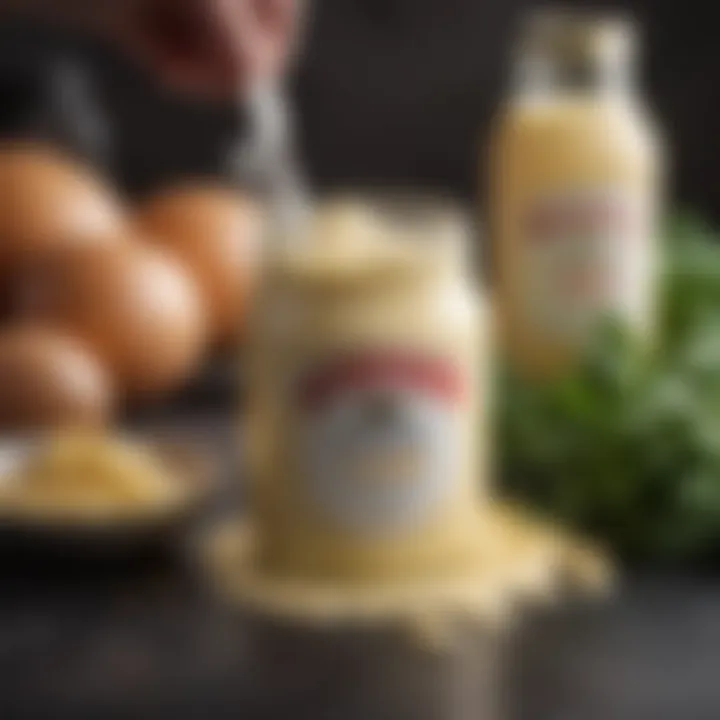 Homemade mayonnaise ingredients on a countertop.