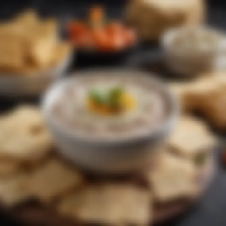 An array of homemade savory dips next to fresh low carb crackers