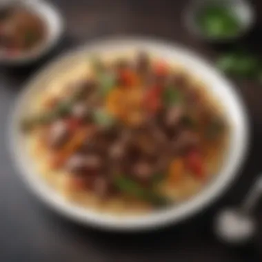 A beautifully plated pepper steak stir fry dish