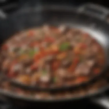 Sizzling pepper steak in a hot skillet