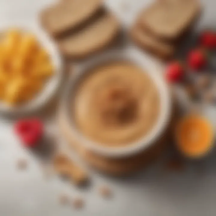 A bowl filled with honey peanut butter surrounded by fresh fruits and whole grain bread.