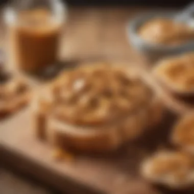 A honey peanut butter spread on toast with a background of healthy snacks.