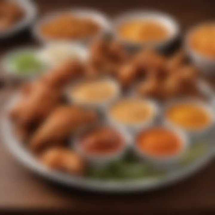 Close-up of Hooters signature wing flavors displayed in dipping sauces.