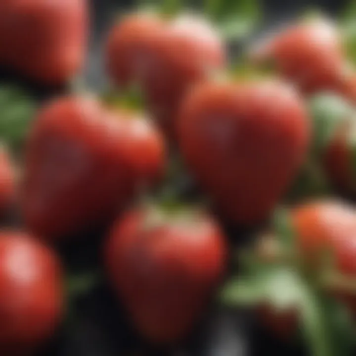 A close-up of ripe, large strawberries on the vine